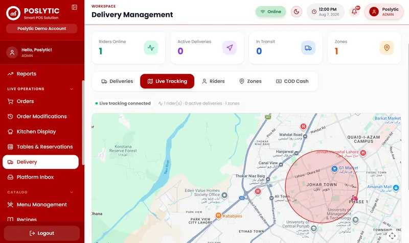 Poslytic delivery management with a live map and delivery zone
