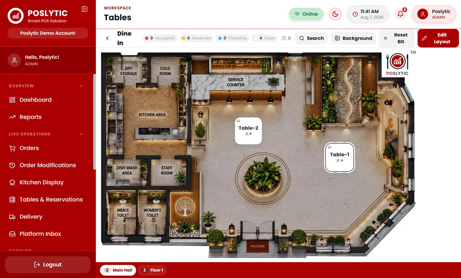 Poslytic dine-in floor plan with live table status