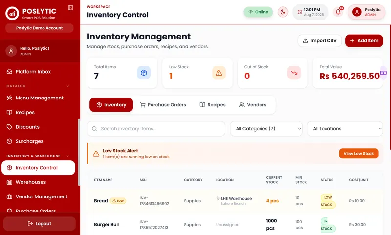 Poslytic inventory management with stock levels and low stock alert