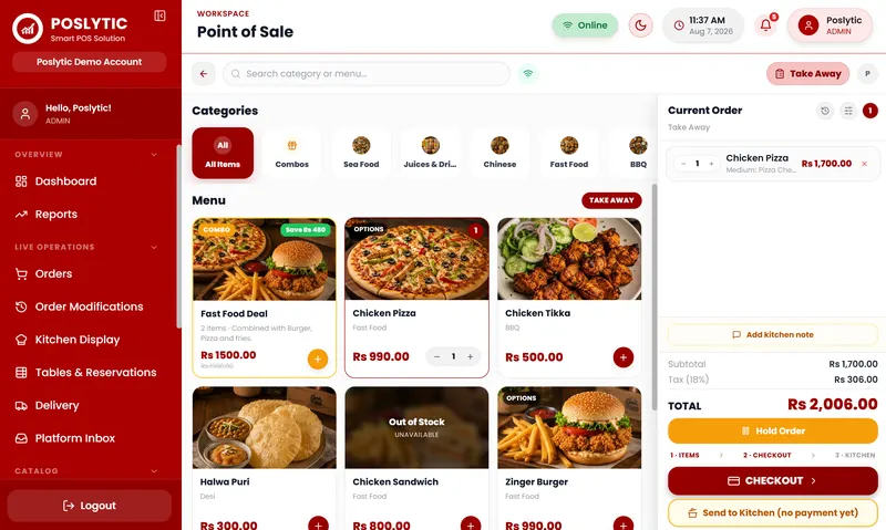 Poslytic order window with photo menu grid and live cart