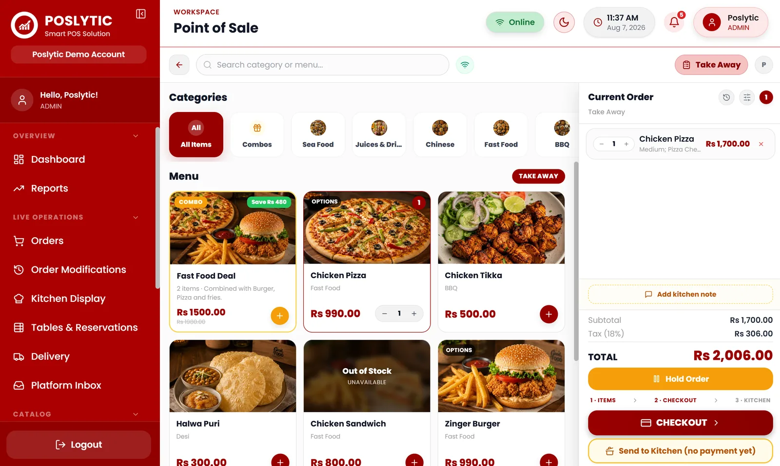 Poslytic order window with menu grid and live cart