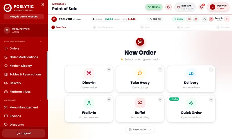 Poslytic POS terminal showing the order type picker
