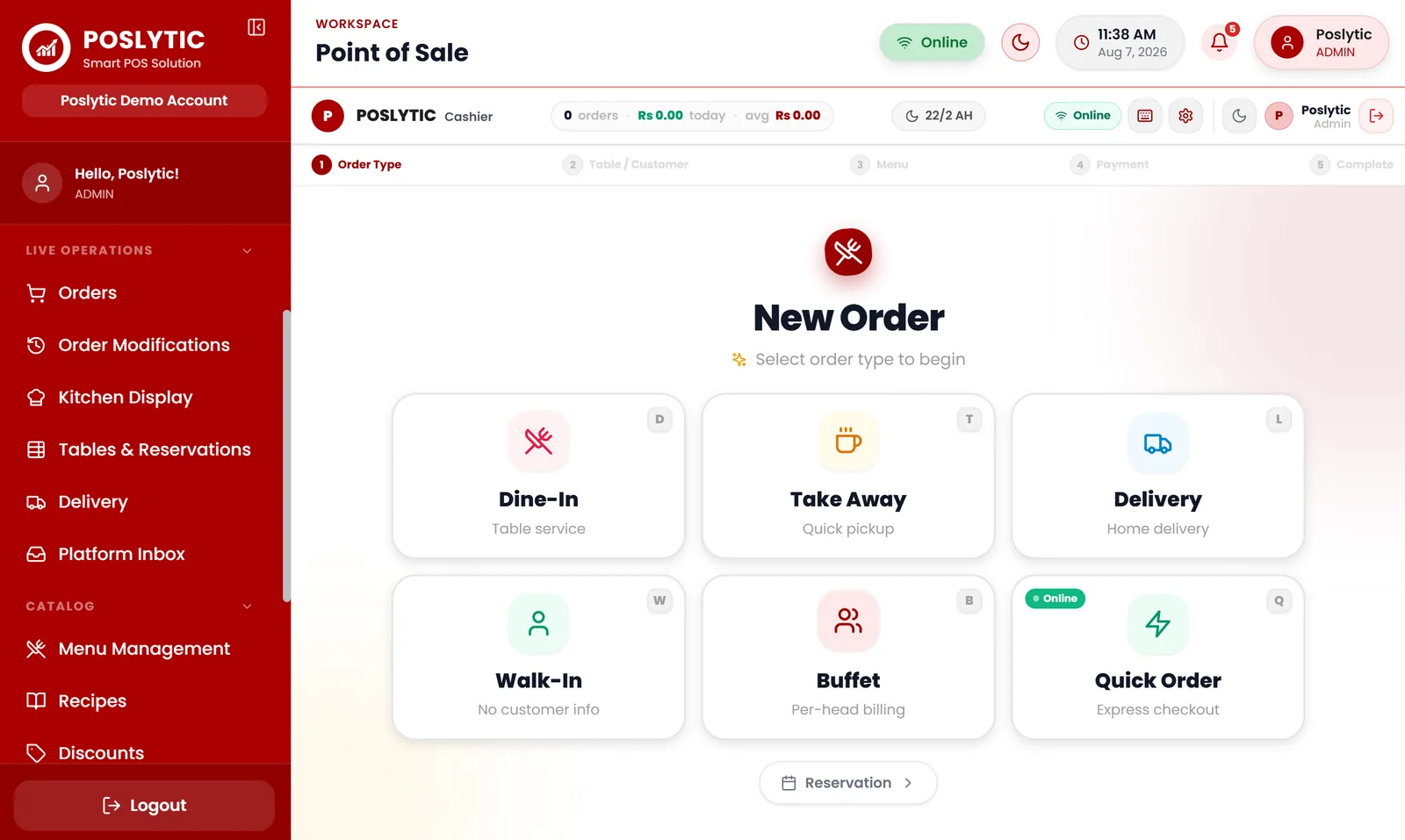 Poslytic POS terminal — choosing an order type