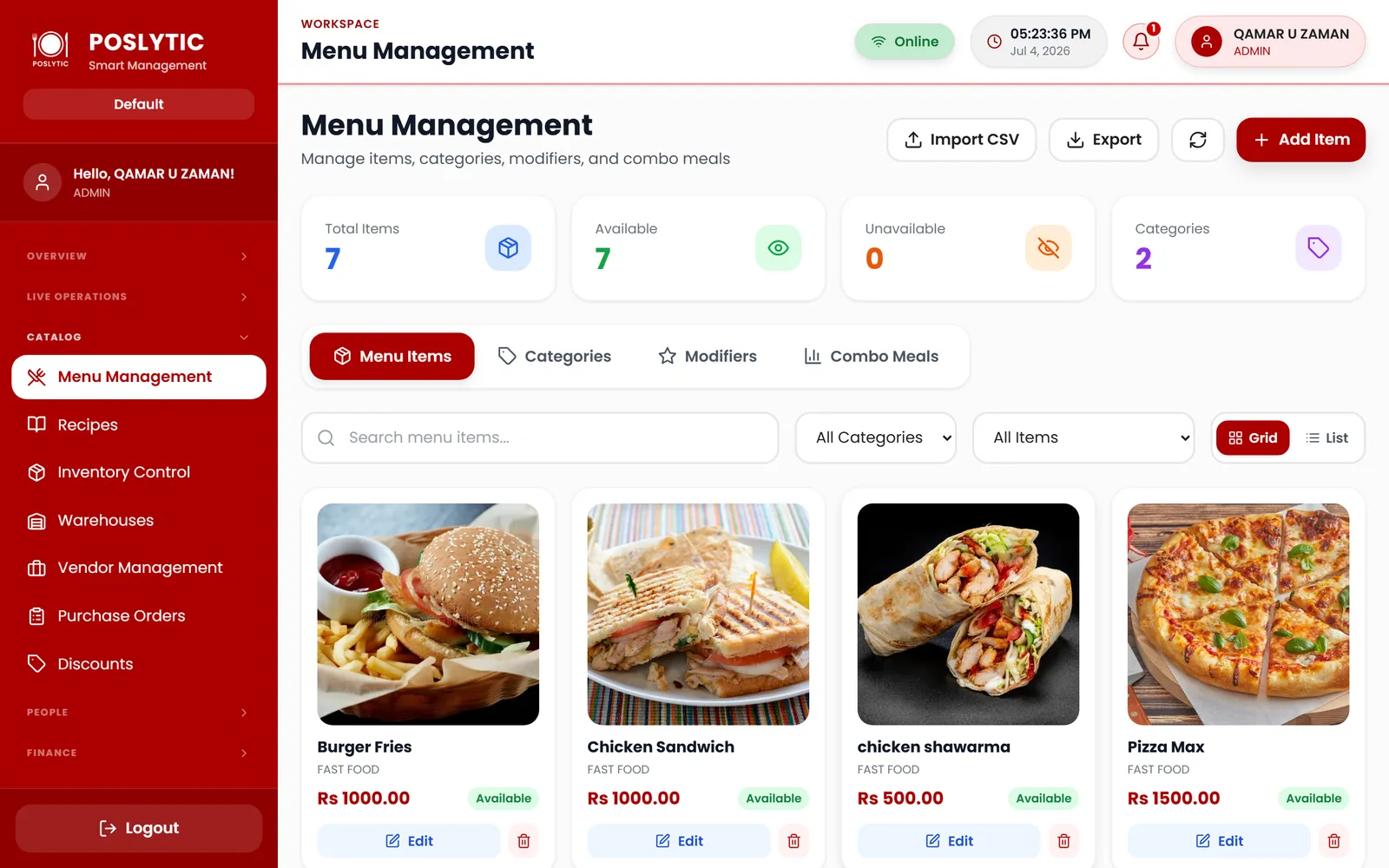 Menu management & order punching