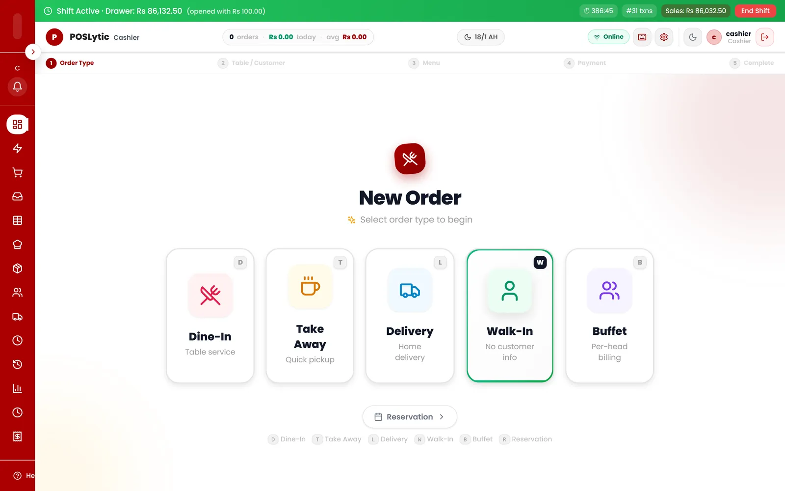 Cashier point of sale — new order
